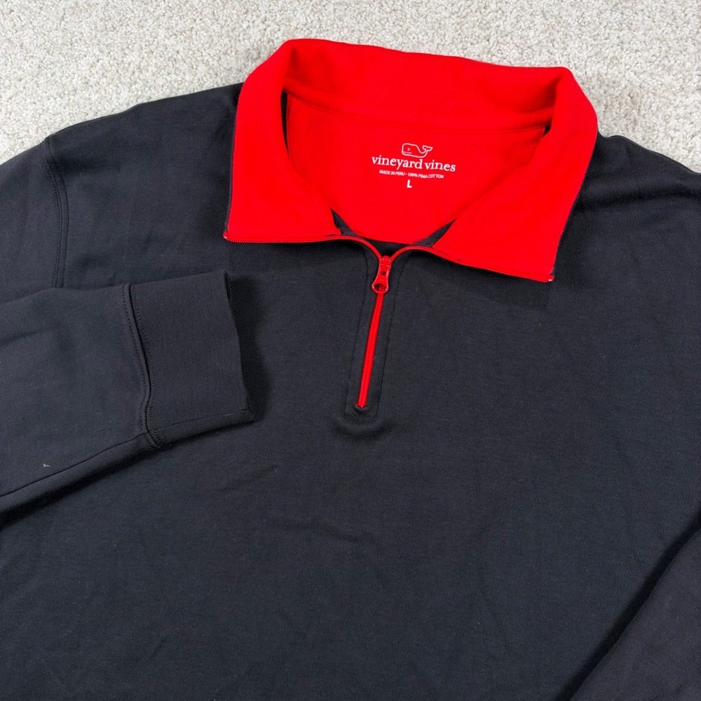 Vineyard Vines Quarter Zip Pullover Mens L Black Red Pima Cotton Mock Neck